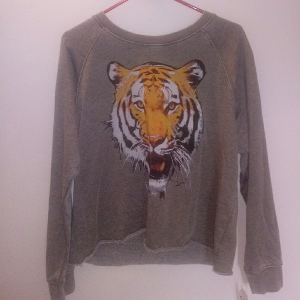 grayish-olive green sweater with tiger on it